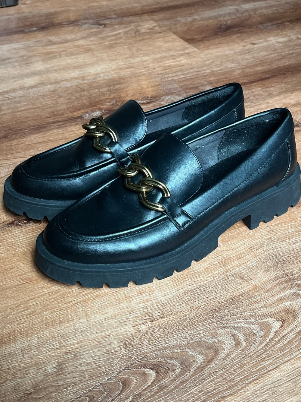 Black Leather Chain-Accent Lug Sole Loafers - Women's